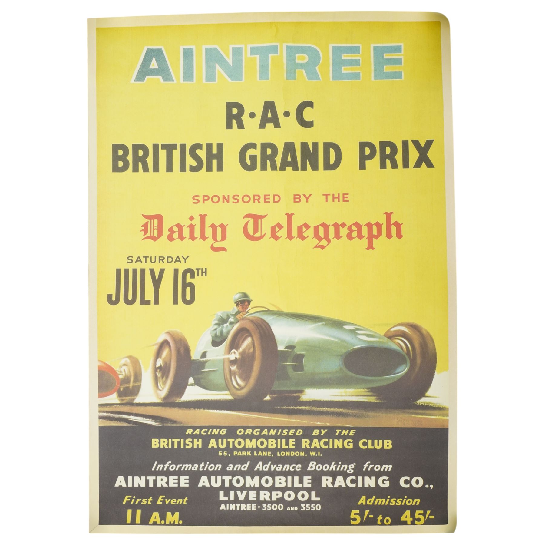 Two Grand Prix posters, including Aintree RAC British Grand Prix pub.1955 and another for A Festival of Aston Martins, Burghley House 2016, 1955 poster 58cm x 39cm (2)