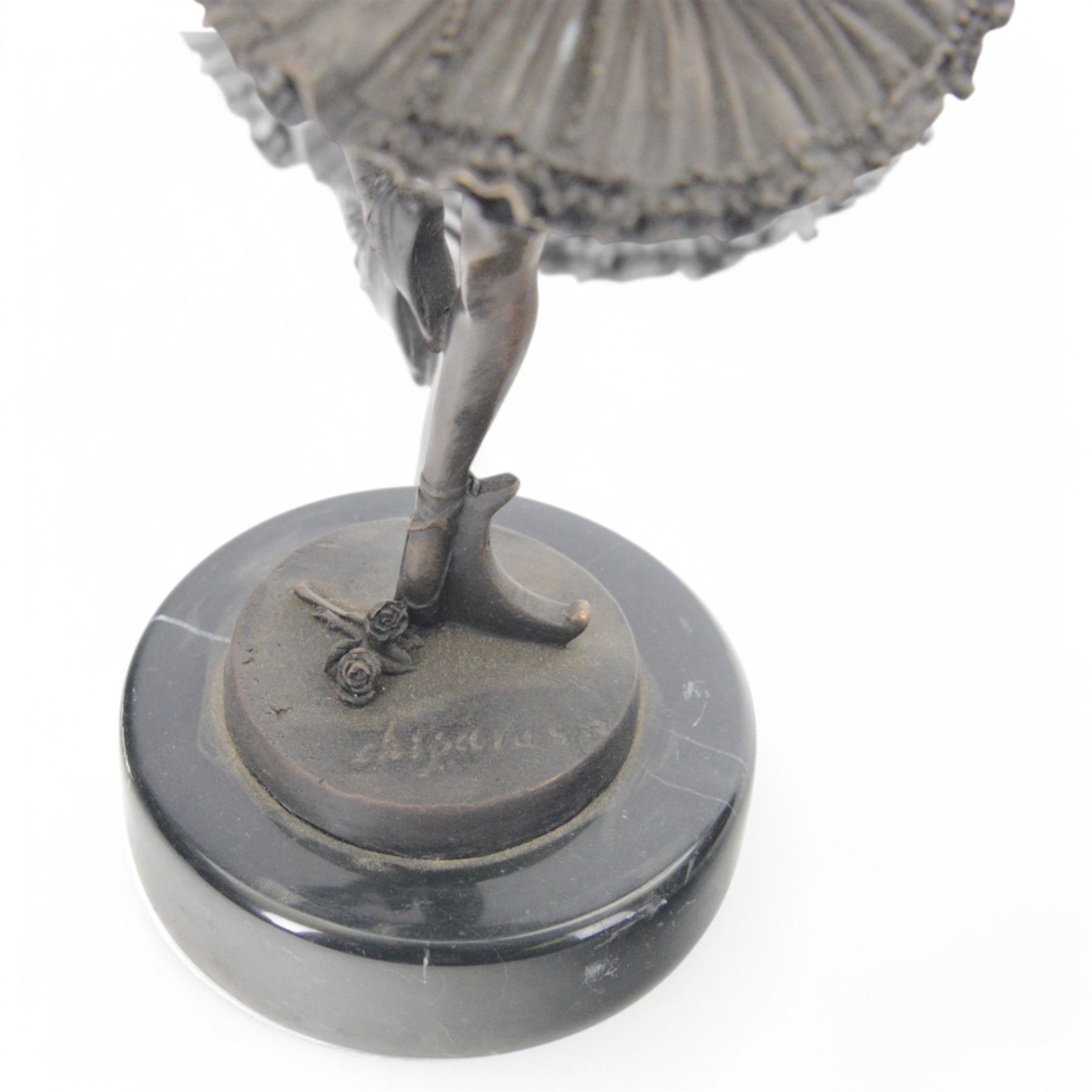 Bronzed figure of a ballerina, signed Chiparis to base, upon circular marble plinth, H32cm