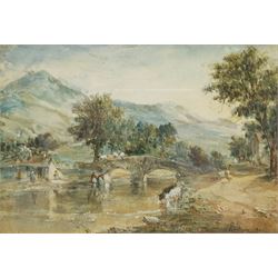 Alfred Vickers Snr (British 1786-1868): Cattle Watering by a Stone Bridge, watercolour signed and dated 1865, 16cm x 24cm