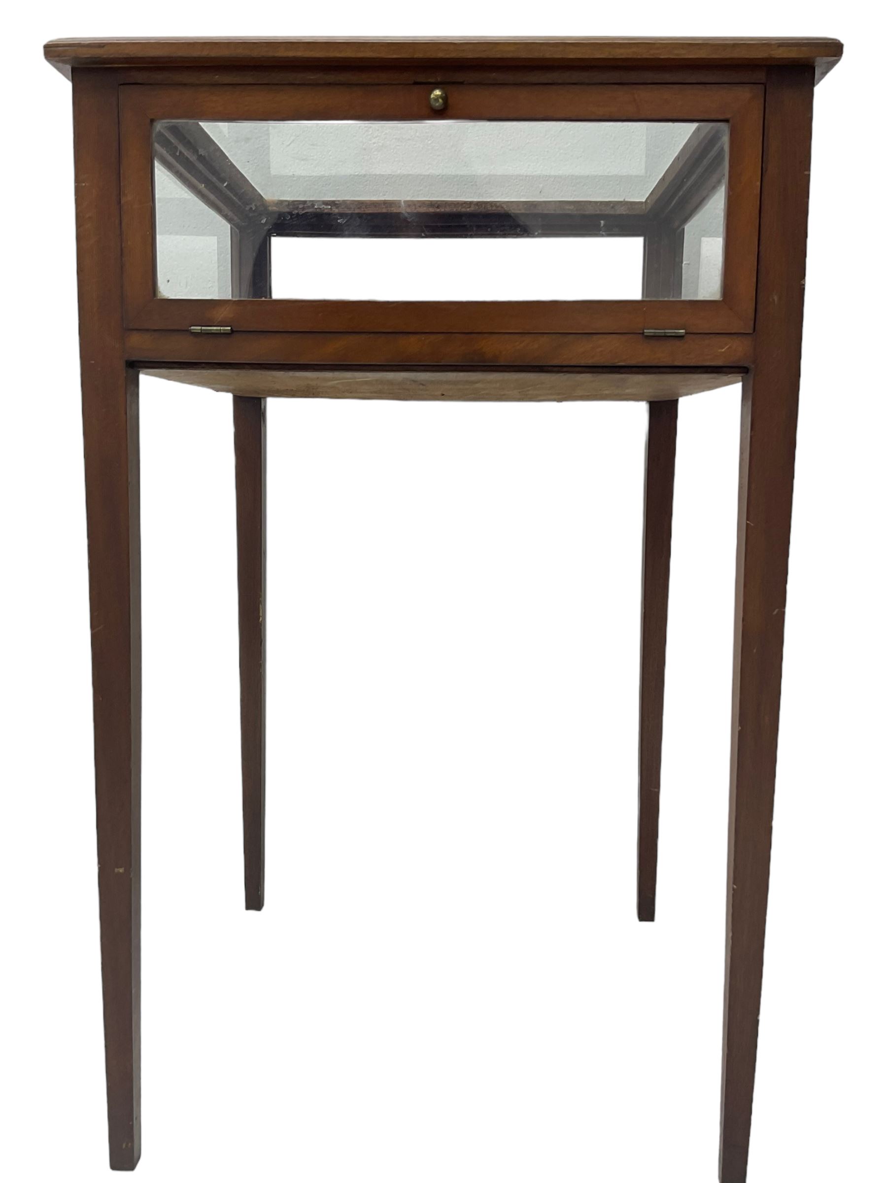 Edwardian inlaid mahogany bijouterie cabinet, glass inset top in moulded frame with satinwood band, fall front glazed door, on square tapering supports 