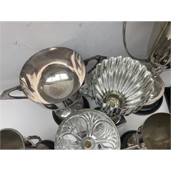 Collection of silver plated and metal trophy cups and winners plaques, all relating to the Burniston and District Show, most engraved with competitions and winner's names, in three boxes 