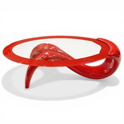 Italian post-modern design coffee table, oval glazed top with red banding over a shaped base of female form