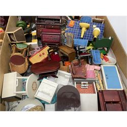 Large quantity of 1970s doll's house furniture, predominantly stained or painted wooden, including lounge, dining room, kitchen and bedroom pieces, bathroom fittings, bureaux and desks, piano, lamps, fire-surrounds etc; various scales
