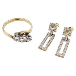 Pair of gold diamond chip pendant stud earrings and a gold three stone cubic zirconia ring, both 9ct