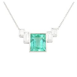 Platinum Siberian emerald and diamond necklace, single rectangular cut emerald of approx 5...