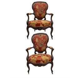 Pair of 19th century French mahogany framed drawing room armchairs, upholstered in red and pale gold fabric