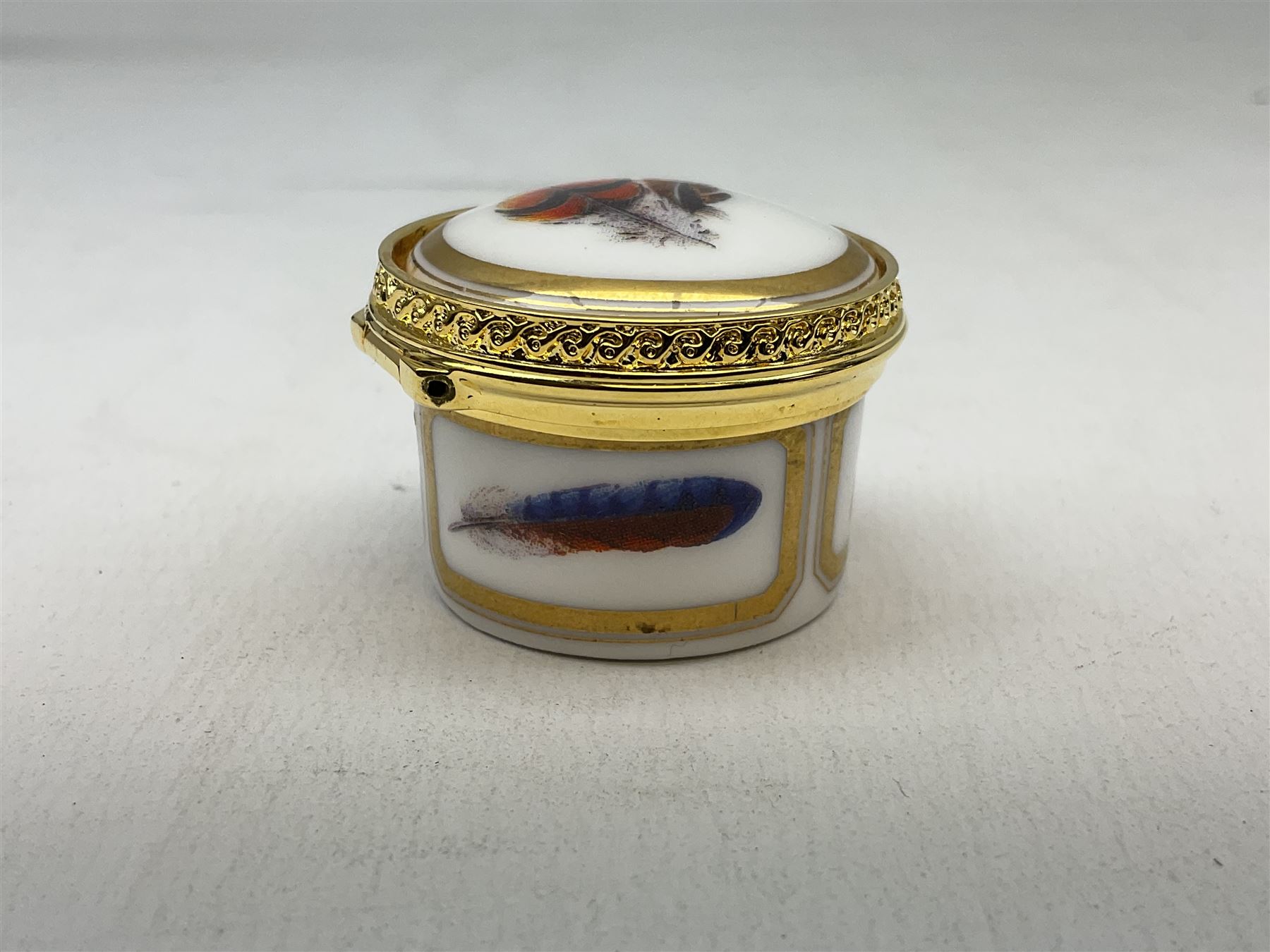 Royal Worcester porcelain pill box from The Connoisseur Collection, Flight Feathers, boxed