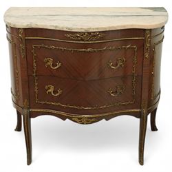 Late 20th century Louis XV design mahogany bombe fronted commode with marble top and chevr...