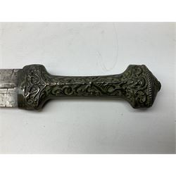 19th century Khanjali dagger, 33.5 cm double edged fullered blade with stamped makers marks, ornate cast grip, with engraved white metal scabbard, 46cm overall