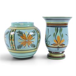 Hartrox Stoneware comprising three jugs, two vases and three bowls, all with green, blue and yellow floral decoration, with printed marks beneath, tallest H20cm