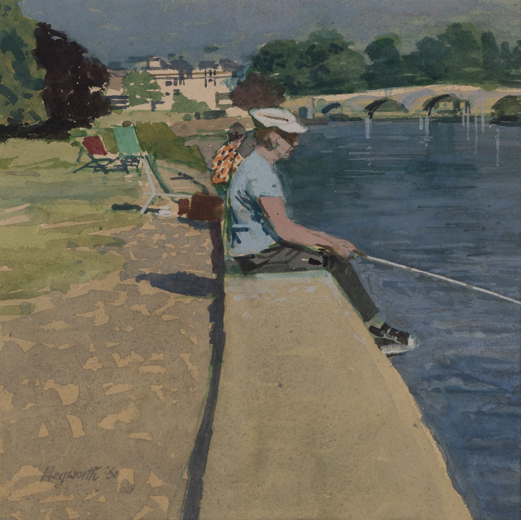 Alfred Heyworth (British 1926-1976): Summer Afternoon - Fishing on the Riverside, watercolour signed 21cm x 21cm 