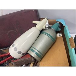 Alba TR10 Portable black and white TV with 3 band radio and Matsu travel clock radio together with quantity of various tools and Sparklets Limited soda syphon, together with BOC soda syphon, Serial No. Shuz, tallest example H32cm