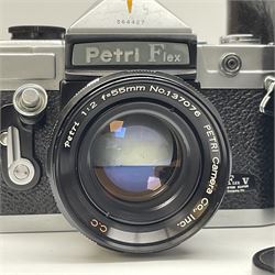 Petri Flex 7 camera body, serial no. 555698, with Perti C.C 1:1.8 f=55mm' lens, serial no. 78253, together with Petri Flex V2 camera body, serial no. 364427, with 'Petti C.C. 1:2 f=55mm' lens, serial no. 137076, in ever ready case