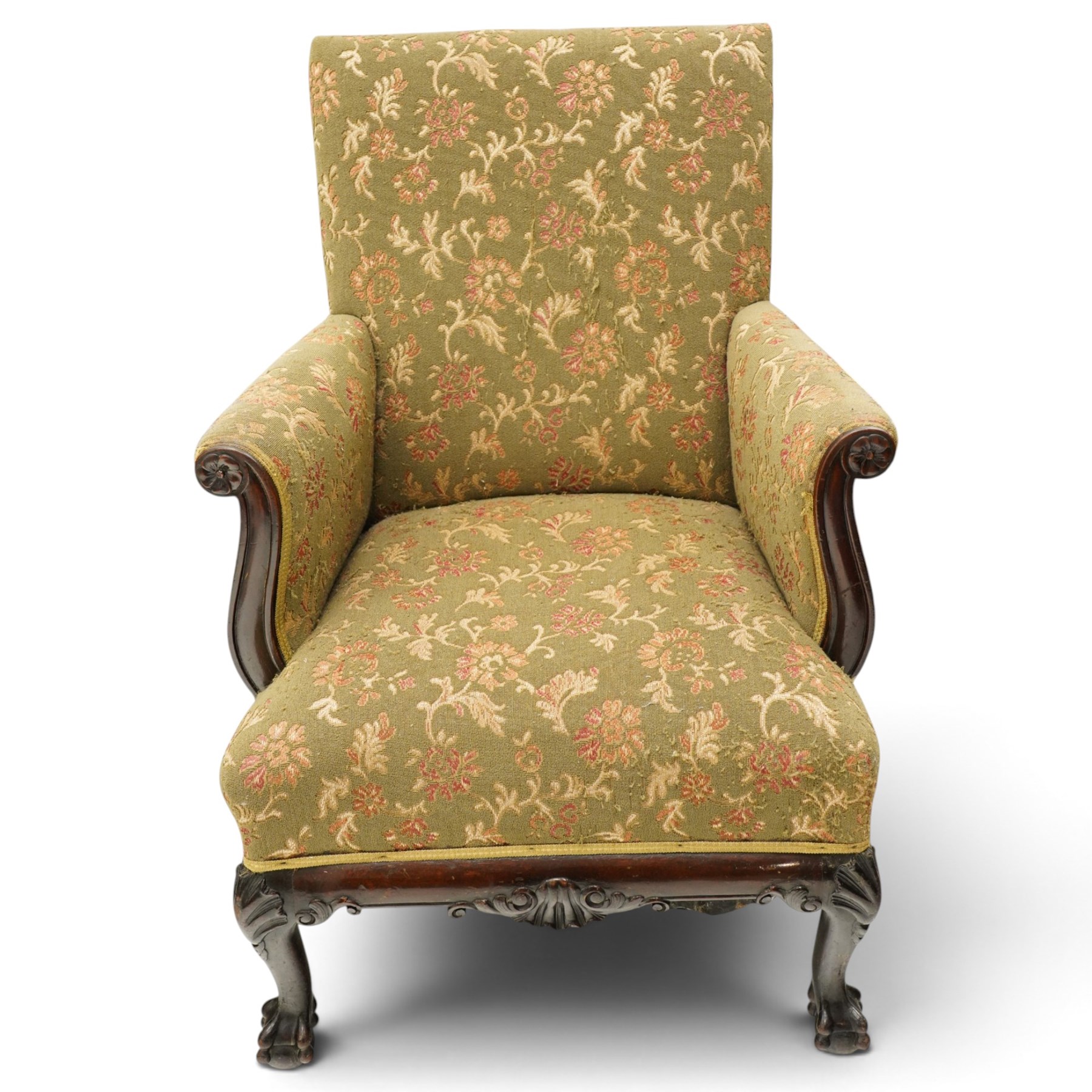 Pair of Chippendale design carved mahogany framed armchairs of stylised lyre form, high square backs and sprung seat upholstered in olive-ground foliate fabric, scrolled arm terminals with applied rosettes, the seat rail moulded with central scallop-and-acanthus motif, raised on shell-carved cabriole supports with ball-and-claw feet