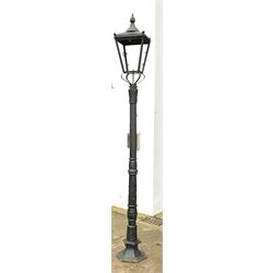 *Victorian style black painted cast iron street lamp, tapering lantern with pointed finials, on stepped hexagonal base, H319cm