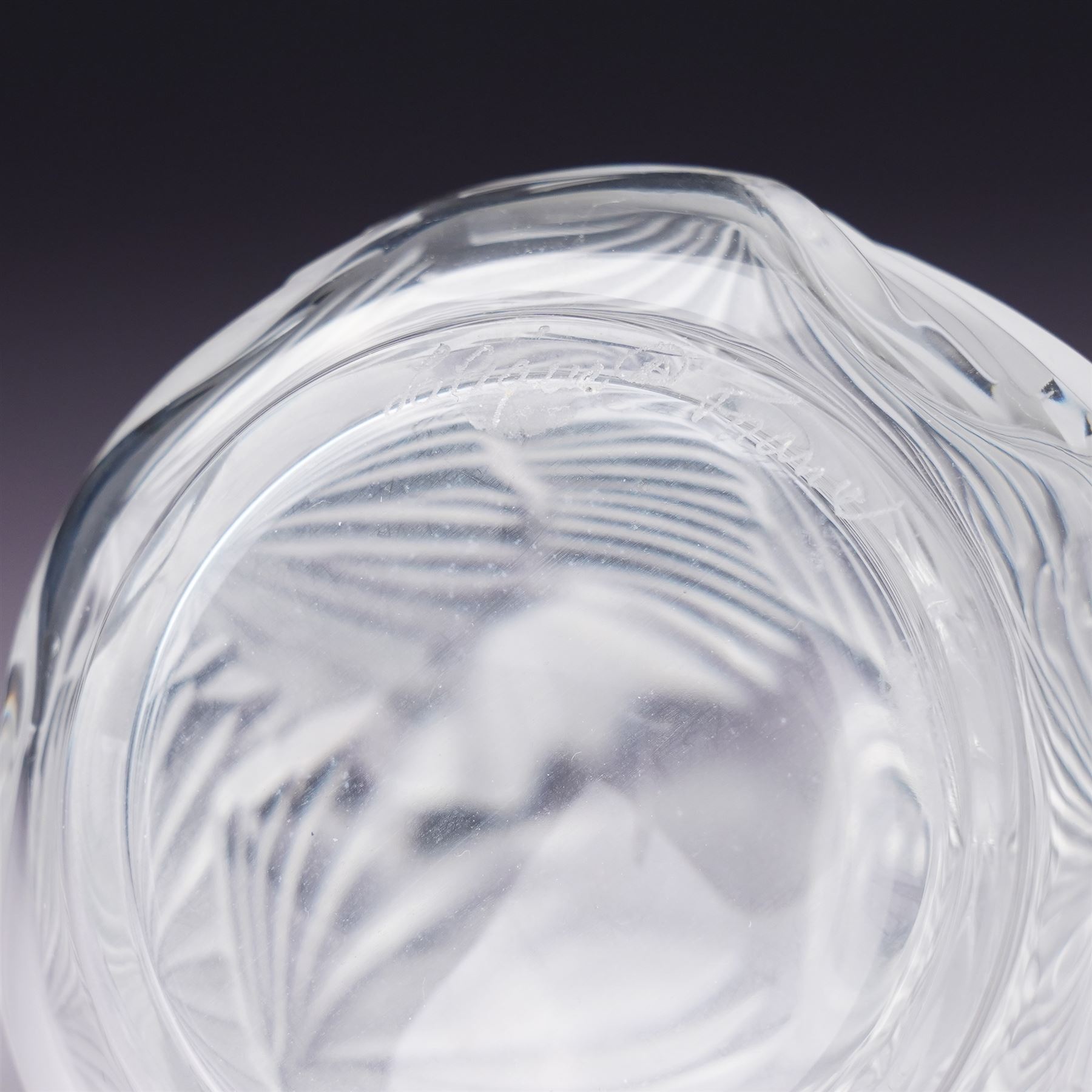 Lalique clear glass ' Clairefontaine' scent bottle with frosted glass stopper H12cm and another Lalique 'Folie' scent bottle  with arc tiara stopper H10cm both inscribed 'Lalique, France' (2)