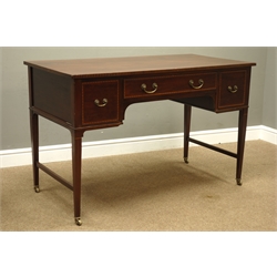  Edwardian mahogany kneehole desk, chequered and inlaid banding, W122cm, D61cm, H78cm  