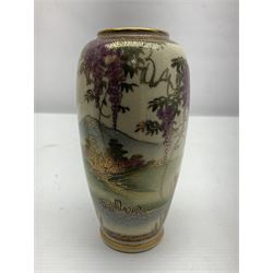 Japanese Satsuma Meiji period vase painted with a mountainous river landscape scene with wisteria and irises; together with a pair of similarly painted small dishes, signature beneath, vase H15cm