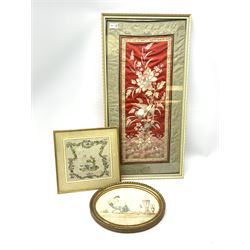 A framed and glazed micro beadwork panel depicting cherubs and a fruiting and flowering vine, overall H29.5cm L30cm, together with a framed and glazed Japanese embroidered silk panel, overall H79cm L40.5cm, and an oval framed and glazed Regency scene printed upon fabric, overall L32cm