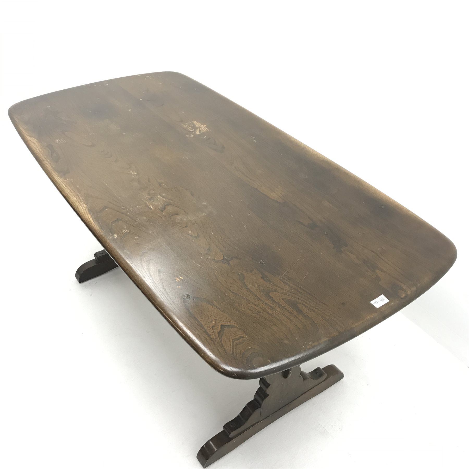 Ercol Old Colonial Yorkshire refectory table, shaped end supports joined by single stretcher, sledge feet (W152cm, H72cm, D77cm) and set six (4+2) matching dining chairs (W62cm)