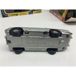 Corgi - die-cast model of James Bond Aston Martin DB5 No.271 with silver body and red interior, gold bumpers and four-spoke wheels, James Bond and two bandit figures; original window box with header card; and Dinky Shado 2 Mobile with one missile No.353; in window box (2)