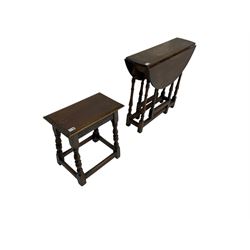 17th century design oak coffin or joint stool, rectangular top over lunette carved frieze rail, raised on turned supports (W46cm D26cn H45cm); and 19th century small oak drop-leaf gateleg table, circular top raised on turned supports (W80cm H67cm)