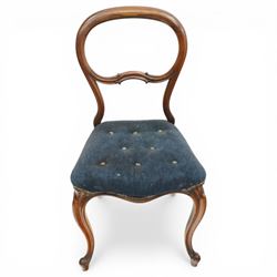 Set of six Victorian rosewood balloon-back dining chairs, seats upholstered in buttoned blue fabric, raised on cabriole supports