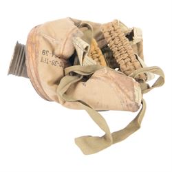 1940's French Army gasmask in canvas bag, together with pre 1938 gas mask filter, the filter marked S.E.C.M.P. 36-2 A.C 34 403 S.E.C.M.P 36-4 