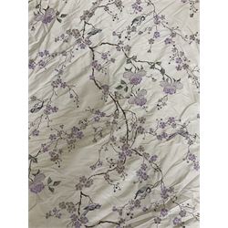 5' Kingsize headboard with stepped arch cresting, upholstered in cream silk with raised stitching decorated with trailing foliage branches and birds; matching bedspread (251cm x 218cm); two matching cushions  