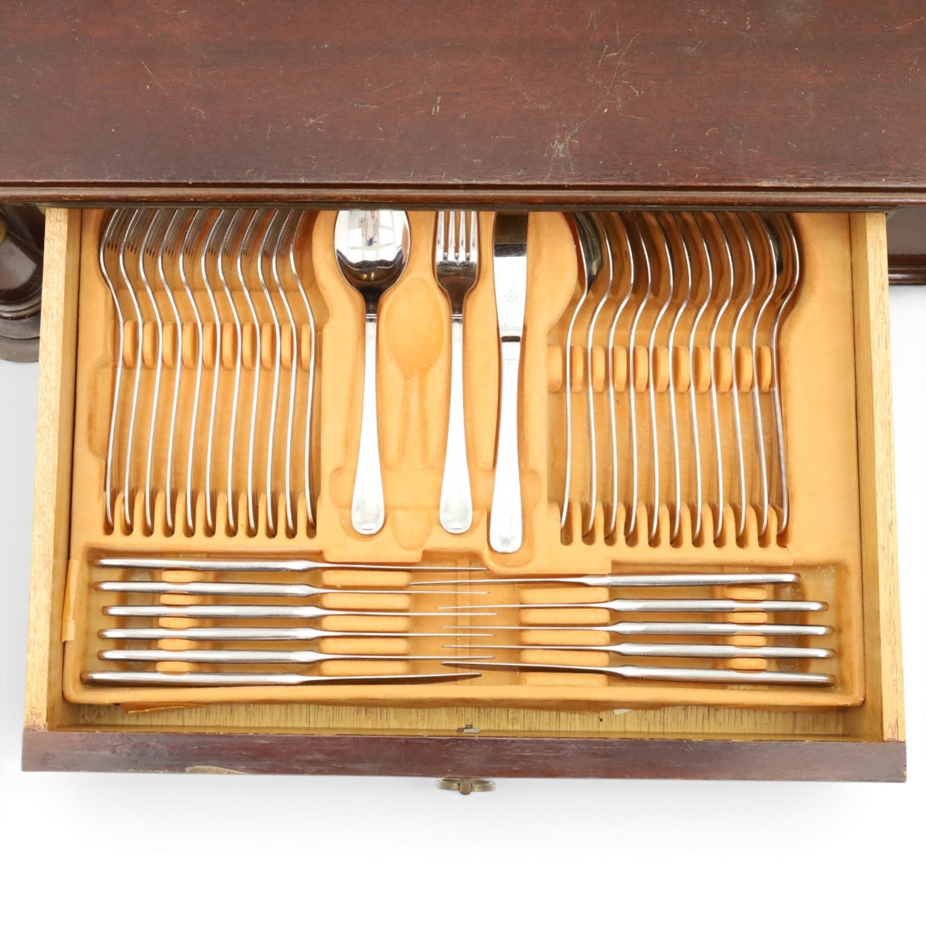 Mahogany cased canteen of Solingen cutlery, raised upon turned legs