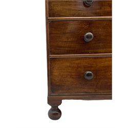 19th century mahogany chest, fitted with thee small crossbanded drawers, above two short and thee long drawers, turned bun feet