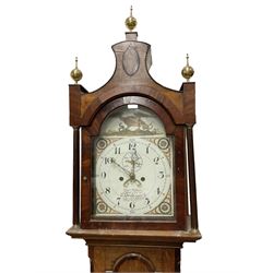 Grace Holborn of South Cave (Nr Hull Yorks.) -  Oak and mahogany 8-day longcase clock, c1820, with a pagoda topped pediment with inlay and three ball and spire finials, break arch painted dial flanked by two reeded pilasters with brass capitals, trunk with canted corners and a full length break arch door, square plinth on bracket feet, dial with upright Arabic numerals and geometric painted spandrels, depiction of an eagle and a snake to the arch,  with a seconds dial and calendar aperture, brass hands and seconds pointer, rack striking recoil anchor weight driven movement, striking the hours on a bell. With weights and pendulum.
Grace Holborn was most probably the widow of Charles William Holborn who was a clockmaker in South Cave 1759-1811.