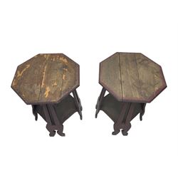 Pair Arts & Crafts period side tables, octagonal moulded top, on four supports with pierced decoration terminating at splayed feet, the supports joined by octagonal undertier, with label 'Palliser's Wolverhampton'