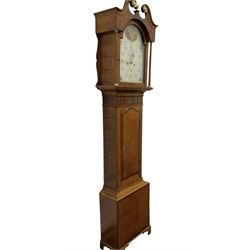 Benjamin Bothamley of Boston (Lincs)-Early 19th century oak and mahogany 8-day longcase clock c 1820,  with a swan neck pediment, brass ball and spire finial and paterie, with detached pilasters to the hood door and curved back spats, trunk door with inlay, crossbanding and shaped curved top, rectangular plinth raised on bracket feet, painted dial with images of fruit to the spandrels and  a cameo depiction of a maiden and dog to the arch, with upright Arabic numerals for the hours and quarter minutes, minute markers, seconds dial and stamped brass hands, dial pinned directly to a rack striking movement striking the hours on a bell.
With weights and pendulum.
This item has been registered for sale under Section 10 of the APHA Ivory Act