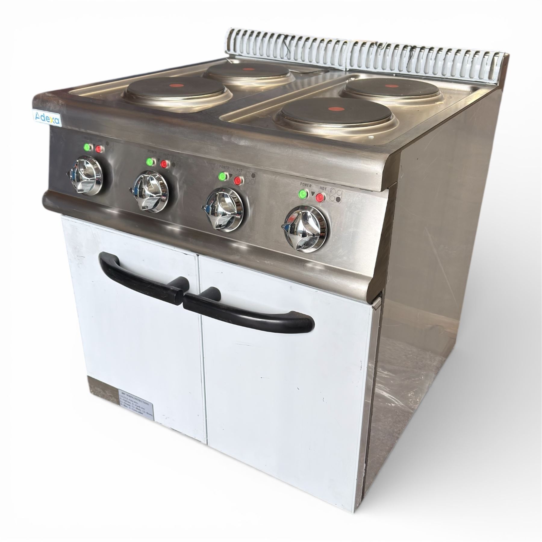 New - Adexa HRQ712, electric cooker with 4 burners and cabinet base 8kw 3 phase electric. 