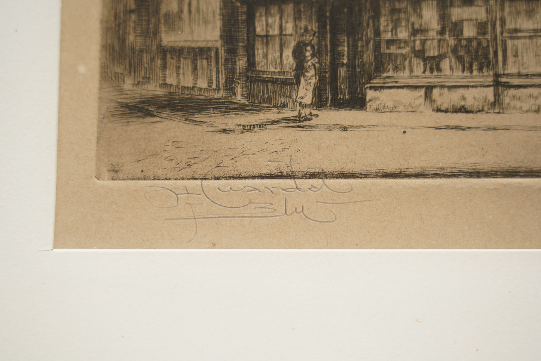 William Renison (Scottish 1893-1938): House of Saint Veronica - Via Dolorosa Jerusalem and French Town Centre; Frank Harding (British fl.1885-1890): 'Christchurch Priory'; John Fullwood (British 1851-1931): Churchyard, and Georges Huardel-Bly (French 1872-?): The Old Curiosity Shop, five monochrome etchings signed in pencil max 44cm x 30cm (5)