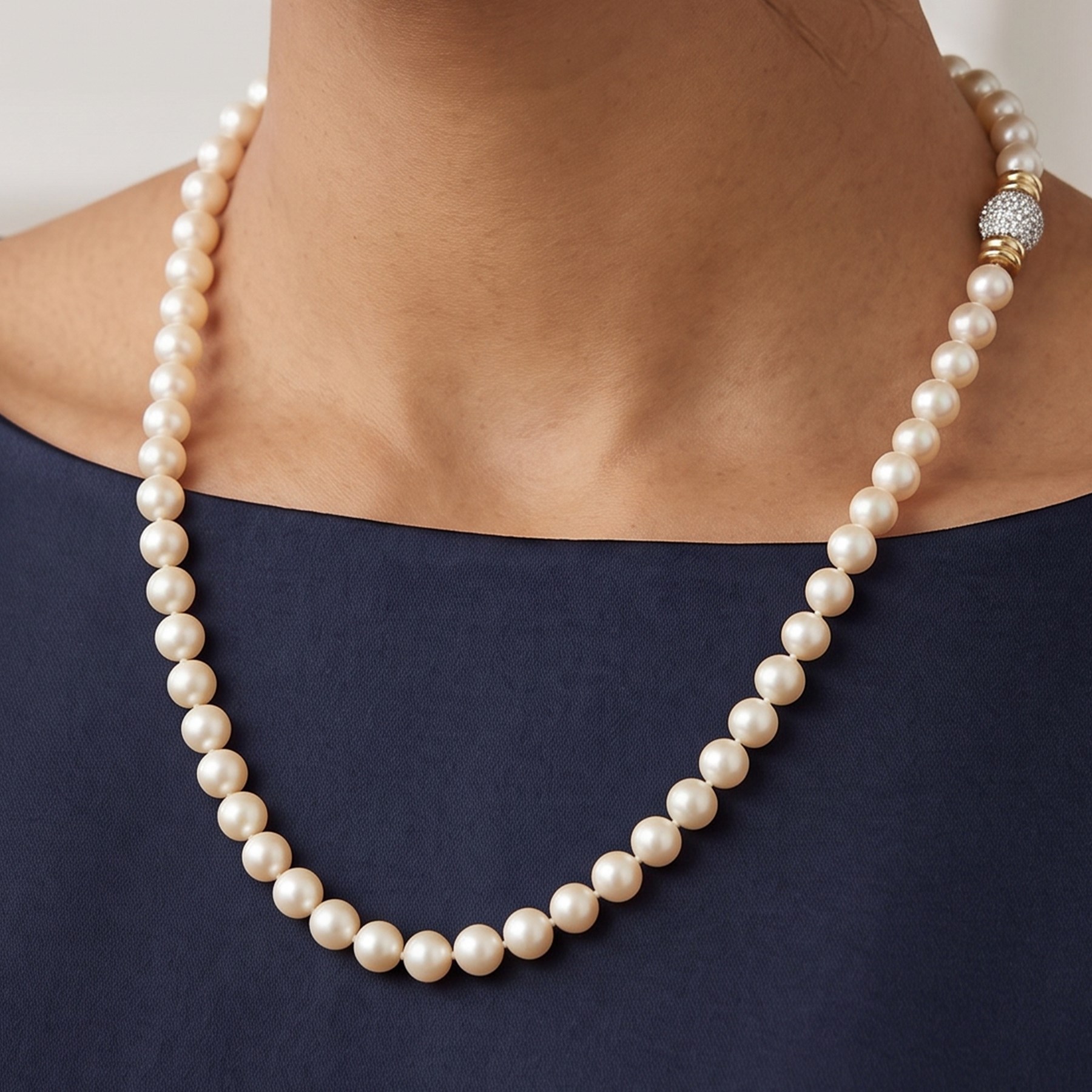 Single strand cultured pearl necklace, with 18ct gold pave set diamond clasp, Sheffield import mark 1996