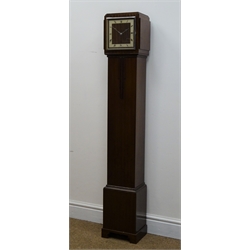  Art Deco mahogany electric grandmother clock H133cm, two Smiths half hour striking oak and walnut cased mantle clocks, H23cm (3)  