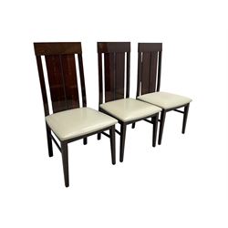 Large American walnut rectangular dining table on square block supports, together with set eight high back dining chairs with cream upholstered seats, the top and chair backs with matching inlaid geometric banding