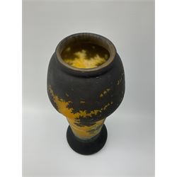 Reproduction Daum Nancy art nouveau style overlay and cut glass vase  decorated with woodland and a lake scene on a yellow ground, H35cm. 