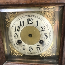  Late 19th century oak architectural cased mantle clock with twin train 'Junghans' movement, and a Victorian black slate mantle clock with 'Japy Freres' movement (no pendulums)  
