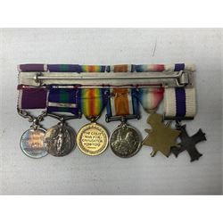 George V Military Cross miniature group of six medals comprising MC, WW1 trio including 1914 Star, Long Service and Good Conduct Medal and General Service Medal with Iraq clasp; and miniature group of four medals comprising Military OBE and WW1 trio including 1914-15 star; all with ribbons and both on pinned wearing bars