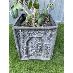 Pair of composite square garden planters with St George cast - THIS LOT IS TO BE COLLECTED BY APPOINTMENT FROM DUGGLEBY STORAGE, GREAT HILL, EASTFIELD, SCARBOROUGH, YO11 3TX
