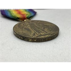 WWI pair of medals comprising British War Medal and Victory Medal awarded to 39357 Pte. T. Jeffinson Northumberland Fusiliers; both with ribbons (2)