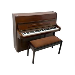 Knight - 20th century upright piano, in polished mahogany case with fall-front lid and twin brass pedals, complete with matching storage bench upholstered in brown fabric with receipt from Harrods (H 50cm x D 37cm W 95cm) 