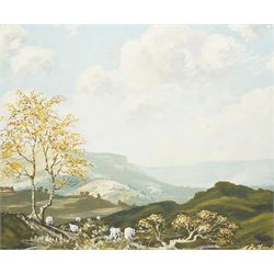 John H Capstick (British 20th century): 'A Dales Landscape' with Grazing Sheep, oil on boa...