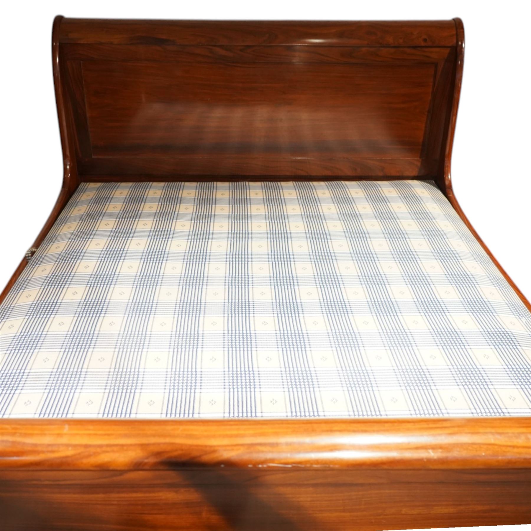 Victorian style mahogany super king sleigh bed with bases, shaped panelled headboard and footboard with scrolled ends, moulded side rails, raised on block supports with castors