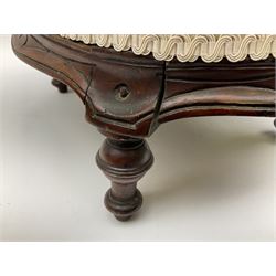 Two upholstered mahogany footstools with turned legs, W36cm