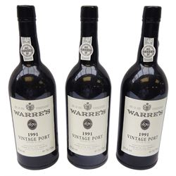 Warre's 1991 vintage port, bottled in 1993, 75cl, 20%vol, three bottles