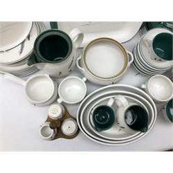 Denby Greenwheat pattern part dinner and tea service, to include six dinner plates, six side plates, six dessert plates, six bowls, four serving dishes of various sizes, teapot, two milk jugs etc (47)